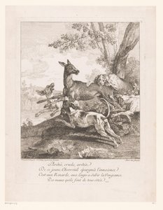 Hjort angrepet av jakthunder Arrêtés, grusomme, arrêtez (...) (tittel på objekt) Jaktscener (serietittel) av Jean Baptiste Oudry