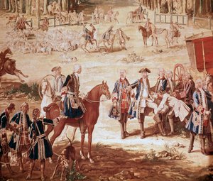 Jakten på Ludvig XV Kong Ludvig XV jakter i skogen i Compiegne (Jakten på Ludvig XV - Tapestry) starten på pakken Detalj - Tapestry av Jean Baptiste Oudry (1686-1755) av Jean Baptiste Oudry