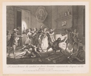 Interiør med gruppe vechtende mensen Fornyelse av kampen der to tjenere får smell på baken (tittel på objekt) Scener fra Roman Comique van Scarron (serietittel) av Jean Baptiste Oudry
