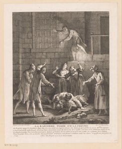 Man valt bovenop een geit La Rapinière faller på bukken (tittel på objekt) Scener fra Roman Comique van Scarron (serietittel) av Jean Baptiste Oudry