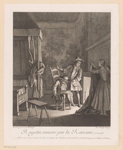 Ragotin full på en stol ved bålet Ragotin ennivré par la rancune (tittel på objekt) Scener fra Scarrons Roman Comique (serietittel) av Jean Baptiste Oudry