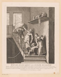 Ragotin møtte twee damer på en felle Dårlig suksess som Ragotins høflighet hadde (tittel på objekt) Scener fra Roman Comique van Scarron (serietittel) av Jean Baptiste Oudry