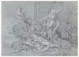 Stilleben med fisk og papegøye av Jean Baptiste Oudry