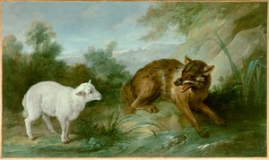 Ulven og lammet. Illustrasjon av en fabel av Jean de La Fontaine (1621-1695). Maleri av Jean Baptiste Oudry (1686-1755)