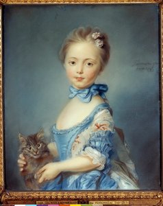 Portrett av den unge jenta med en katt Pastellmaleri av Jean-Baptiste Perroneau (Jean Baptiste Perronneau) (1715-1783)