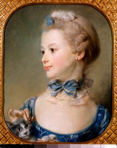 Portrett av en liten jente med en katt - Den unge damen har et bånd og et lett slør rundt halsen satt med en knute og kjærtegner hodet til en katt med fingertuppene - Pastellmaleri av Jean-Baptiste Perroneau (Jean Baptiste Perronneau) (1715) -1783) 1700-ta