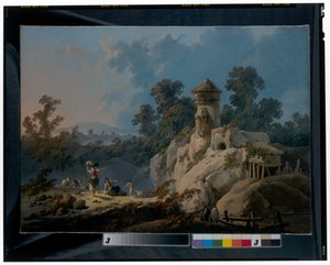 Et omfattende landskap med gjetere som hviler med flokkene sine under et tårn av Jean Baptiste Pillement