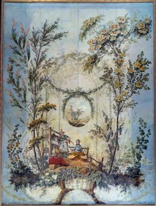Chinoiserie: Dekorativt panel som representerer en kinesisk scene, regissert av Jean Pillement (1728-1808)
