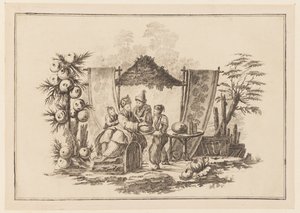 Figurer med en squash, fra "Ny notatbok med seks ark med forskjellige historiske kinesiske emner" av Jean Baptiste Pillement