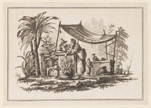 Figurer med en vase med blomster, fra "Ny notatbok med seks ark med forskjellige historiske kinesiske emner" av Jean Baptiste Pillement