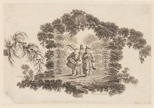 Tre figurer som spiller musikkinstrumenter, fra "Samling av flere kinesiske barnespill" av Jean Baptiste Pillement