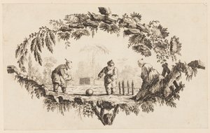 Tre figurer som leker med en ball, fra "Samling av flere kinesiske barnespill" av Jean Baptiste Pillement