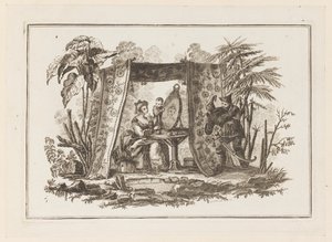 Kvinner ser i speil, fra "Ny notatbok med seks ark med forskjellige historiske kinesiske emner" av Jean Baptiste Pillement