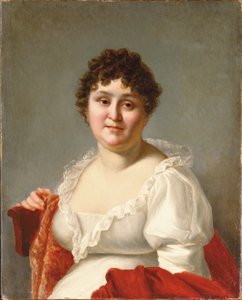 Portrett av Madame Regnault, bystelengde, i en hvit kjole og persimmonsjal (olje på lerret) av Jean Baptiste Regnault
