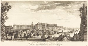 Utsikt over slottet i Versailles tatt fra siden av terrassen overfor kapellet