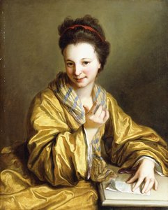 En ung dame, iført en gul kappe, sittende ved et bord, Beckoning, 1703 av Jean Baptiste Santerre