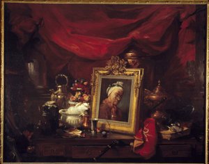 Chardin og modellene hans. Tabell i en matrise (abyme). Et maleri som viser Jean Baptiste Simeon Chardin (1699-1779) omgir stilleben. Maleri av Philippe Rousseau (1816-1887) 1867 søn. 1,77x2,26 m Paris, musee d