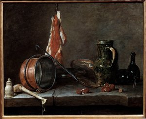 Fettmeny og kjøkkenutstyr. Stilleben. Maleri av Jean Baptiste Simeon Chardin (1699-1779) av Jean Baptiste Simeon Chardin