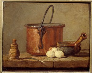 Kjøkkenutstyr, gryte, poelon og egg Maleri av Jean baptiste Simeon Chardin (1699-1779) 1700-tallet Søn. 0,21 x 0,17 m av Jean Baptiste Simeon Chardin