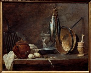 Meny med magert og kjøkkenutstyr. Stilleben. Maleri av Jean Baptiste Simeon Chardin (1699-1779) av Jean Baptiste Simeon Chardin