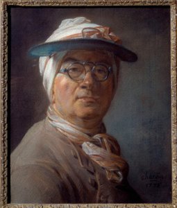 Selvportrett kalt portrett en grønn lampeskjerm Pastellmaleri av Jean Baptiste Simeon Chardin (1699-1779) 1775 Søn. 0,46x0,38 m - Salvportrett (med den grønne skyggen) - Maleri av Jean Baptiste Simeon Chardin (1699-1779), pastell på papir (46x38 cm) av Jean Baptiste Simeon Chardin