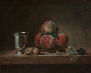 Stilleben med fersken, en sølvbeger, druer og valnøtter, ca. 1759-60 (olje på lerret)