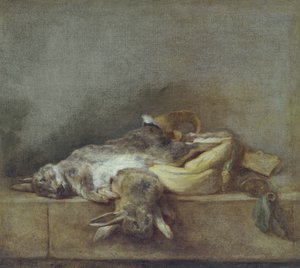 Stilleben med kaniner, en Gamebag og et Pulverhorn, ca. 1755 av Jean Baptiste Simeon Chardin