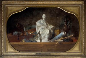 Attributtene til Arts Allegory of the arts med skulptørverktøy, statuett. Maleri av Jean Baptiste Simeon Chardin (1699-1779) 1765 Søn. 0,91x1,45 m av Jean Baptiste Simeon Chardin