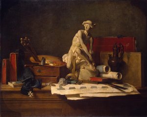 Fransk: Nature morte avec des attributs des Arts Stilleben med kunstattributter av Jean-Baptiste Simeon Chardin