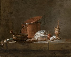 Purre, en gryte med klut, en kobbergryte og lokk, en løk og egg med morter og støter, på en steinhylle av Jean-Baptiste Simeon Chardin