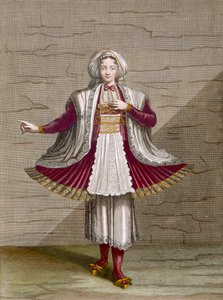 A Girl of Naxos, plate 71 fra 'Collection of One Hundred Prints Representing the Different Nations of the Levant' av Charles de Ferriol, gravert av Gerard Scotin (1671-1716), 1707-08 (farget engra av Jean Baptiste Vanmour