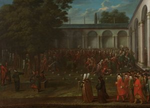 Cornelis Calkoen på vei til sitt publikum med sultan Ahmed III, ca. 1727-30