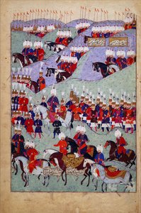 Begravelse til Sultan Suleyman den storslåtte, Sultan Suleymans historie, Istanbul, Tyrkia, 1579 (blekk og farge på papir)