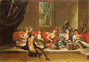 Greske sjømenn gleder seg i et interiør av Jean Baptiste Vanmour
