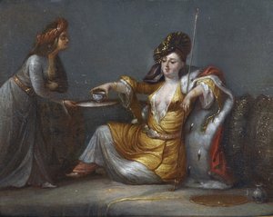 ""Sultana tar kaffen"" (Sultana tar kaffe) Maleri fra skolen til Jean Baptiste (Jean-Baptiste) Vanmour (Van Mour) (1671-1737) Privat samling av Jean Baptiste Vanmour