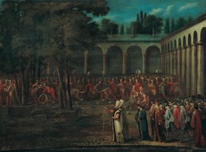 Ambassadørdelegasjonen som går gjennom den andre gårdsplassen til Topkapı -palasset av Jean Baptiste Vanmour