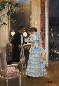 En samtale av Beraud, Jean (1849-1936). Olje på lerret, størrelse: 55,9x39,3, , Privat samling av Jean Beraud