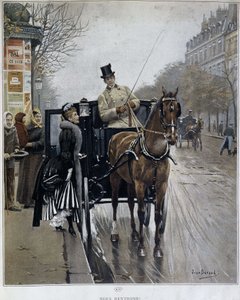 Elegant kvinne i en vogn i Paris: "We returnees" - illustrasjon av Jean BERAUD (1849 - 1935), sent på 1800-tallet. av Jean Beraud