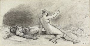 Naken kvinne sitter med naken mann sover (recto); Kvinnelig overkropp sett bakfra (verso) av Jean Beraud