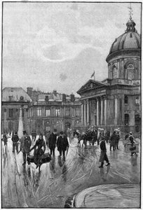 Parisian scene in the 19th century: the left bank with the Institut de France. Engraving by Florian from Beraud