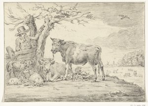 Bonde som står ved et gjerde med storfe av Jean Bernard