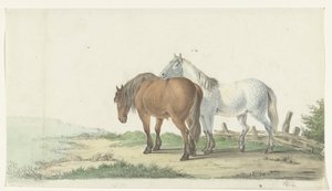 En brun og hvit hest på en vei ved siden av et gjerde av Jean Bernard