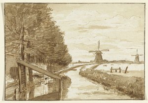 Landskap med kanal og to vindmøller av Jean Bernard