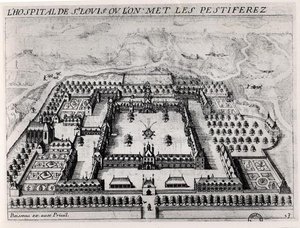 Saint-Louis Hospital, tidlig på 1600-tallet (gravering) (s/hvitt foto) av Jean Boisseau