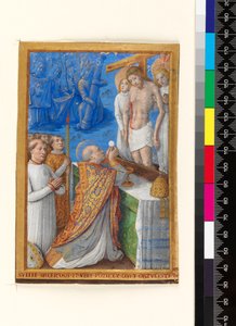 Blad fra en timebok: The Mass of St Gregory, ca. 1485-94 (pergament) av Jean Bourdichon