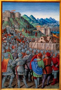 Genois angrep Castellacio de Genes-vakten av franskmennene (12. mars 1507). Miniatyr av Jean Bourdichon (1457? - 1521) i "" Voyage de Genes"" (Folio 20v) skrevet av Jean Marot, v.1508. Paris, NL av Jean Bourdichon
