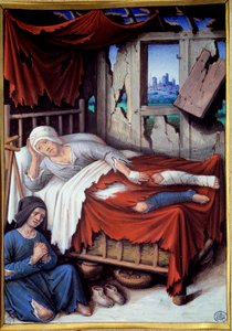 En fattig manns død. En kvinne ved sengen til en døende mann, be. Maleri av Jean Bourdichon (v.1457-1521)