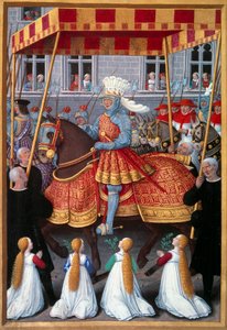 Den triumferende inngangen til kong Ludvig XII (1462-1515) til Genes i april 1507 Miniatyr hentet fra «Le voyage a Genes»» av Jean Marot (1450-1526) belyst av Jean Bourdichon (1457-1521) 1508. Paris, B.N.