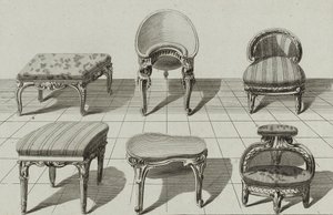 Krakker, toalettbidet, fotskammel, publisert på midten av 1770-tallet (gravering på lagt papir) av Jean Charles (after) Delafosse