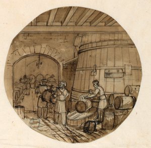 Design for en porselenstallerken, bryggeriinteriør for Sevres Industrial Arts Service av Jean Charles Develly